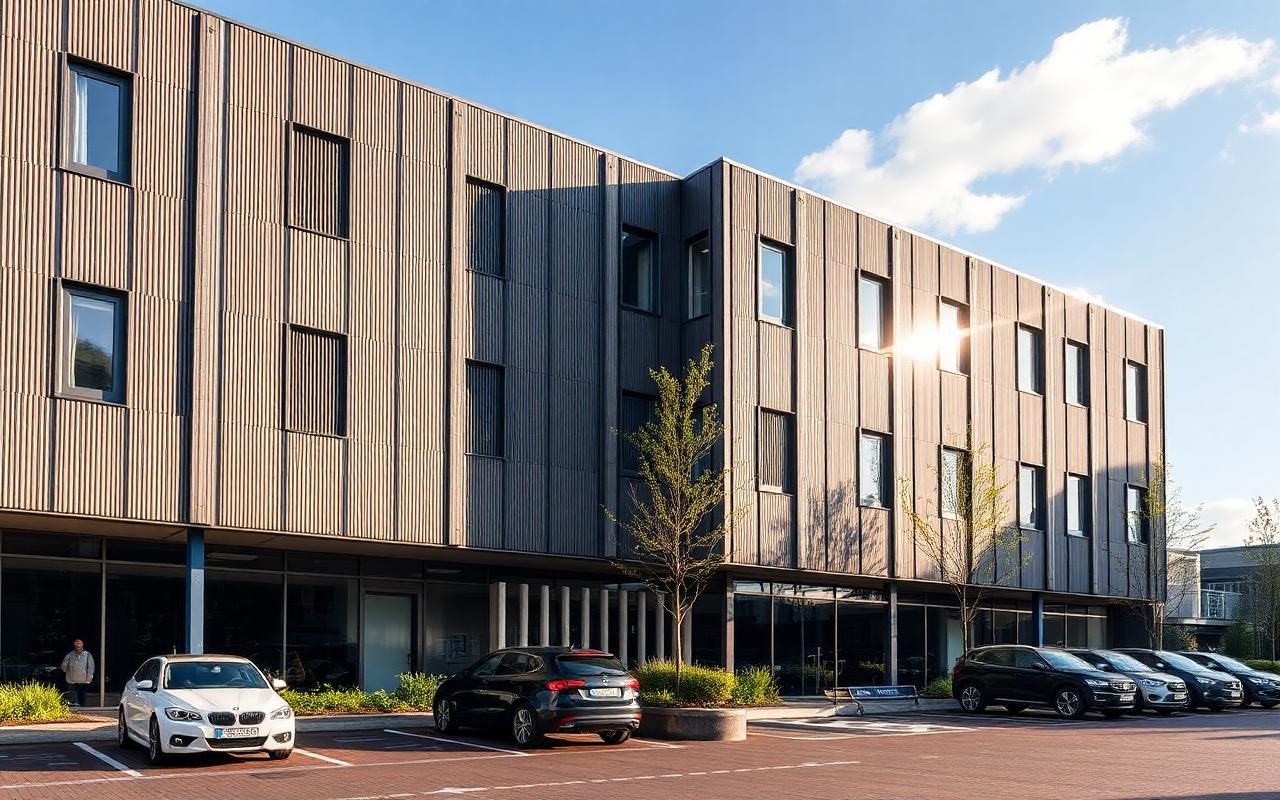 Buitenkant van het kantoorpand met parkeerplaatsen